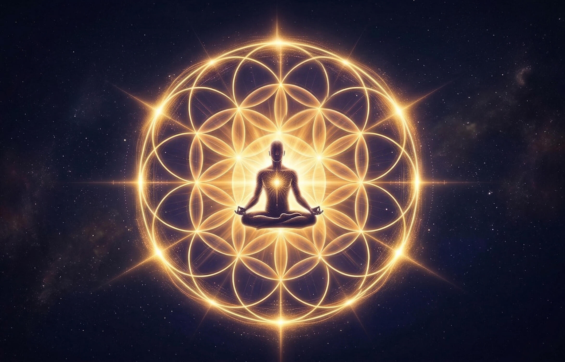 Quantum Soul Healing System | Clear Subconscious Blocks & Reclaim Sovereignty "A golden, glowing geometric flower of life symbol with a silhouette of a person meditating in the center, representing the Quantum Soul Healing System."